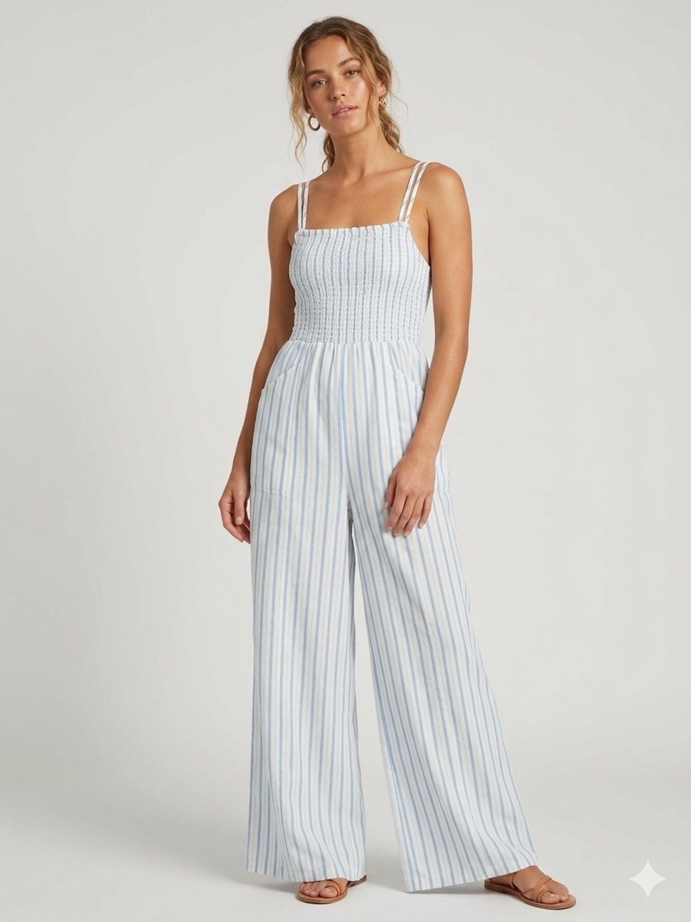 Bluenotes Blue White Striped Smocked Jumpsuit linen blend New England summer M - Picture 1 of 10